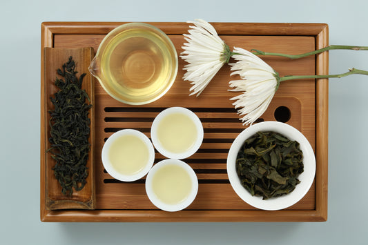 Detailed photo of Bao Zhong Oolong on a Bamboo Tea Tray with Dry, Wet and Brewed Bao Zhong Oolong from Taiwan featured prominently.