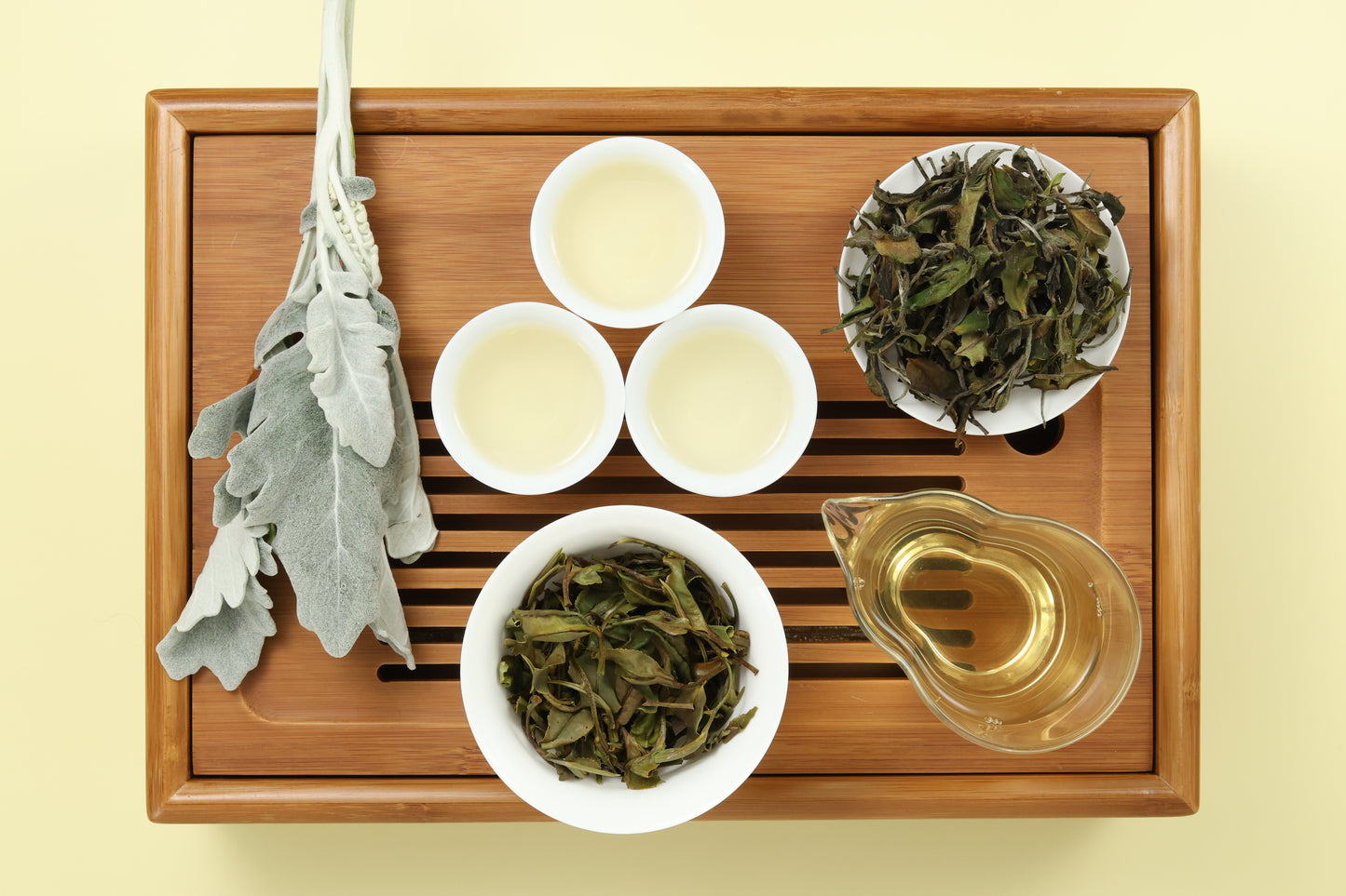 Detailed photo of Jade White Tea on a Bamboo Tea Tray with Dry, Wet and Brewed Jade White Tea from Taiwan featured prominently.